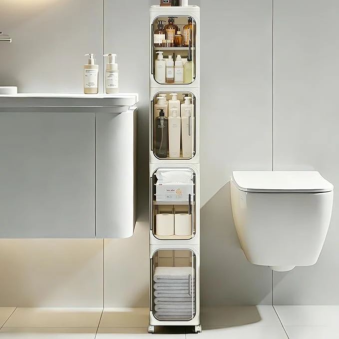 Advanced 4-Tier Slim Bathroom Storage Cabinet Narrow Storage Cabinet with Wheels Adjustable Shelves Magnetic Doors Water-Proof Anti-Tip Skinny Organizer Cabinet for Small Space Cream WhiteAbout ThisOverview Fast