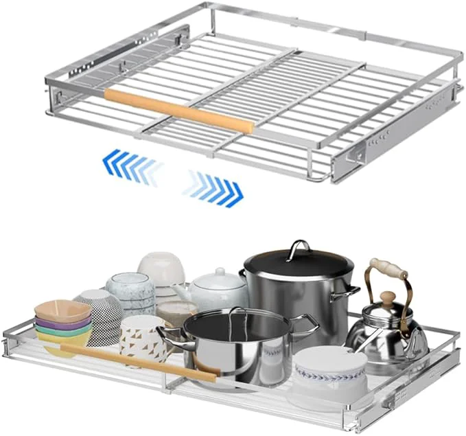 Sophisticated Large Pull Out Kitchen Cabinet Organizer 22.7''-39.8''Width Heavy Duty Slide Out Pantry Shelves Sliding Drawer Storage for Kitchen Under Sink Bathroom Wardrobe Set of 2About ThisOverview Traditional