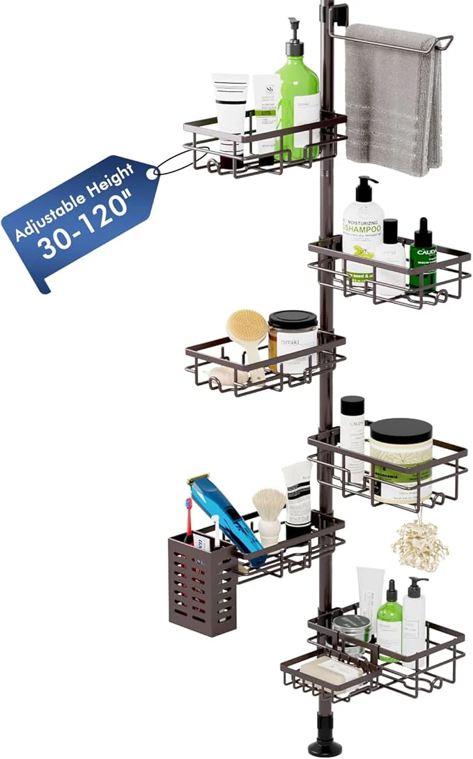 Functional Corner Shower Caddy Tension Pole Adjustable 30-120 Inch Bathroom Organizer Storage Rustproof 6-Tier Shower Corner Shelves Towel Rack Toothbrush Holder Soap Dish OrganizersAbout ThisOverview Specialty