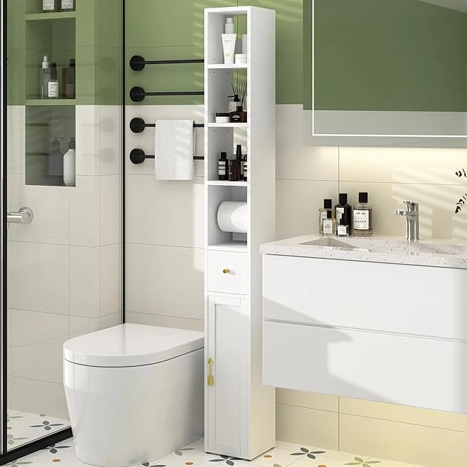 Enhanced VECELO Narrow Bathroom Storage Cabinet with 3 Adjustable Shelves 67 Tall standing Cabinet with Toilet Paper Holder Slim Tower Cabinet with Magnetic Door Drawer for Small Spaces WhiteAbout ThisOverview Genuine