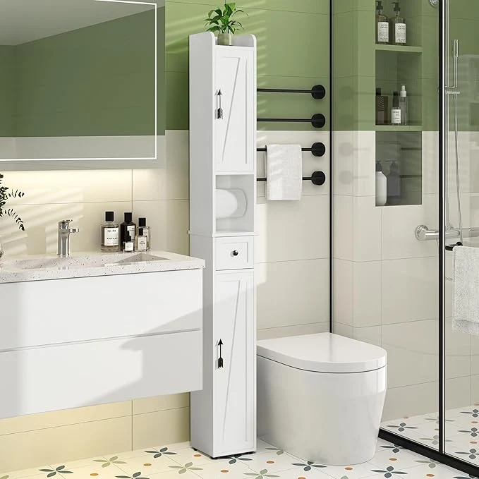 Traditional VECELO Narrow Bathroom Storage Cabinet with Adjustable Shelves 67 Tall standing Cabinet with Toilet Paper Holder Slim Tower Cabinet with Two Magnetic Doors Drawer for Small Spaces WhiteAbout ThisOverview Sustainable