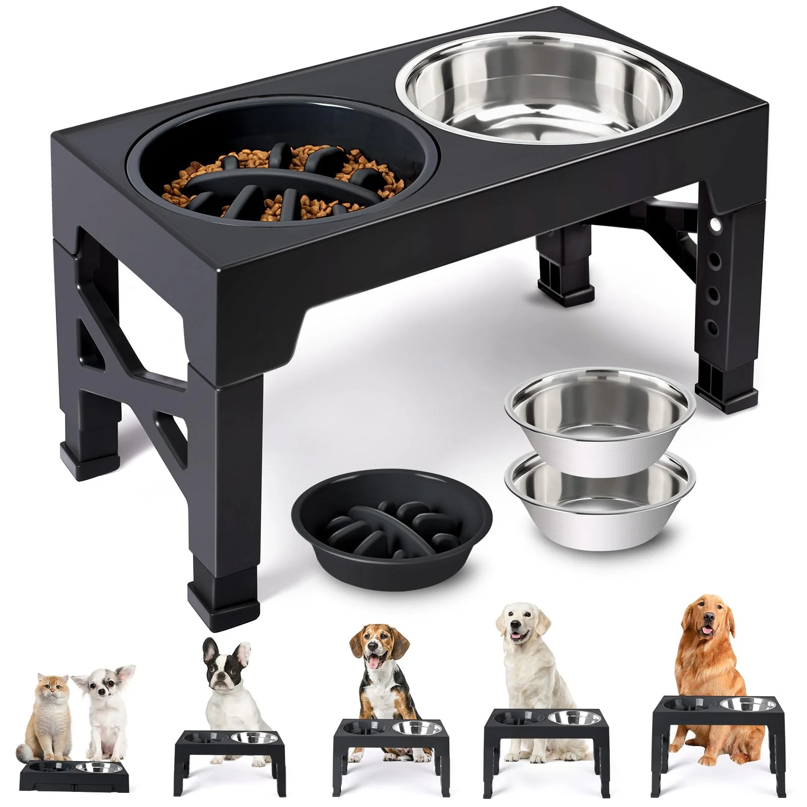 Trusted Heeyoo d Dog Bowls 5-Height Stand 2 Stainless Steel Bowls Slow Feeder Genuine