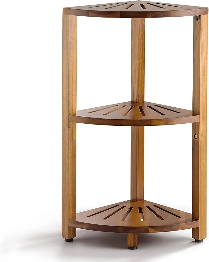 Premium BLUEWEST 3-Tier Corner Shower Caddy Stand Wood Shower Organizer Standing with Anti-Slip Feet Waterproof Durable Bathroom Corner Shelf Space-Saving Design Storage for Kitchen or Living RoomAbout ThisOverview Soft