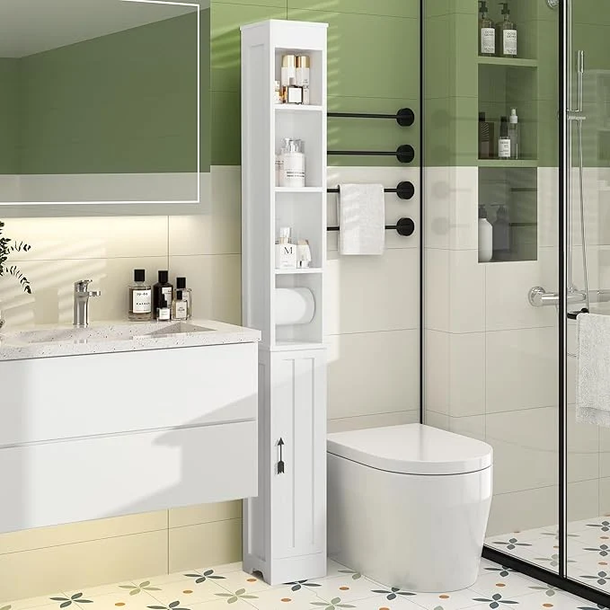 Sophisticated VECELO Narrow Bathroom Storage Cabinet with 3 Adjustable Shelves 71 Tall standing Cabinet with Toilet Paper Holder Slim Tower Cabinet with Magnetic Door for Small Spaces WhiteAbout ThisOverview Premium Material