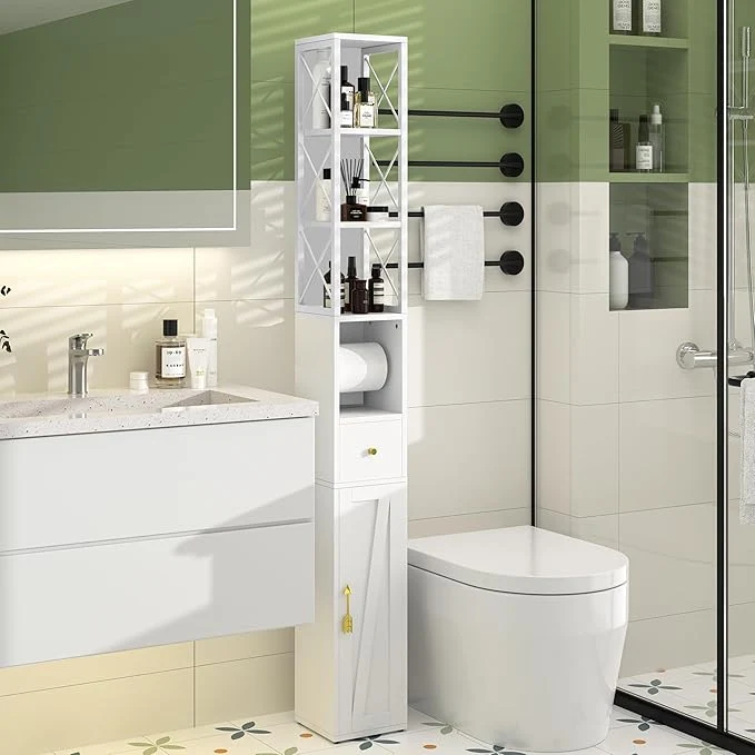 Fast VECELO Narrow Bathroom Storage Cabinet with X-Frame Metal Design 67 Tall standing Cabinet with Toilet Paper Holder Slim Tower Cabinet with Magnetic Door Drawer for Small Spaces WhiteAbout ThisOverview Trusted