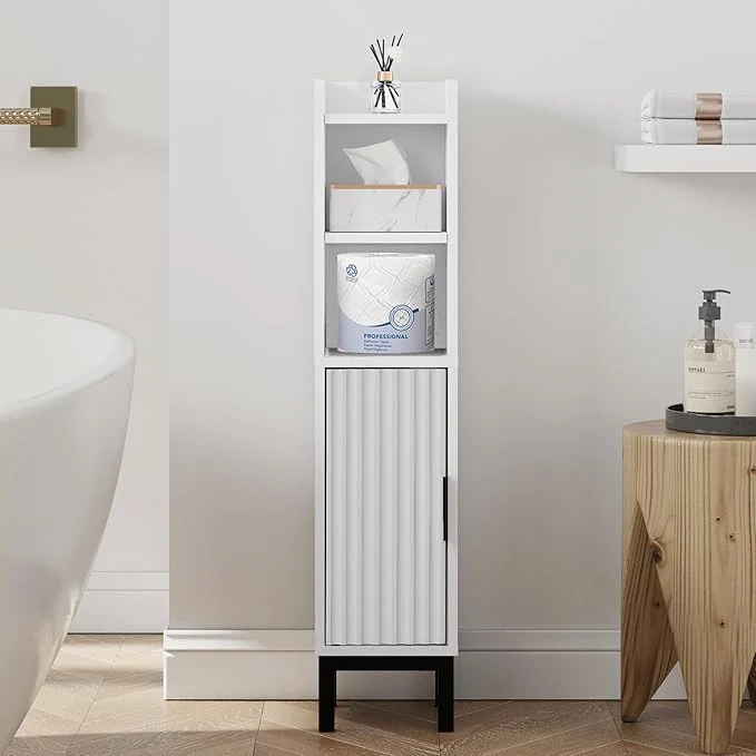 Detailed Small Bathroom Storage Cabinet Narrow Corner Floor Cabinet with Door and Shelves for Toilet Paper Bathroom Organizer with Adjustable Shelf for Small Spaces White About ThisOverview Dependable