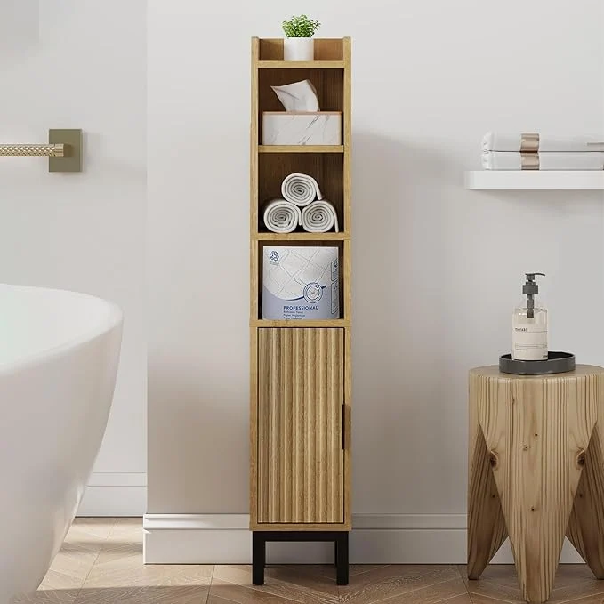 Authentic Narrow Bathroom Storage Cabinet Corner Toilet Paper Floor Cabinet 5 Tiers with Door and Shelves Bathroom Organizer with Adjustable Shelf for Small Spaces Oak About ThisOverview Official