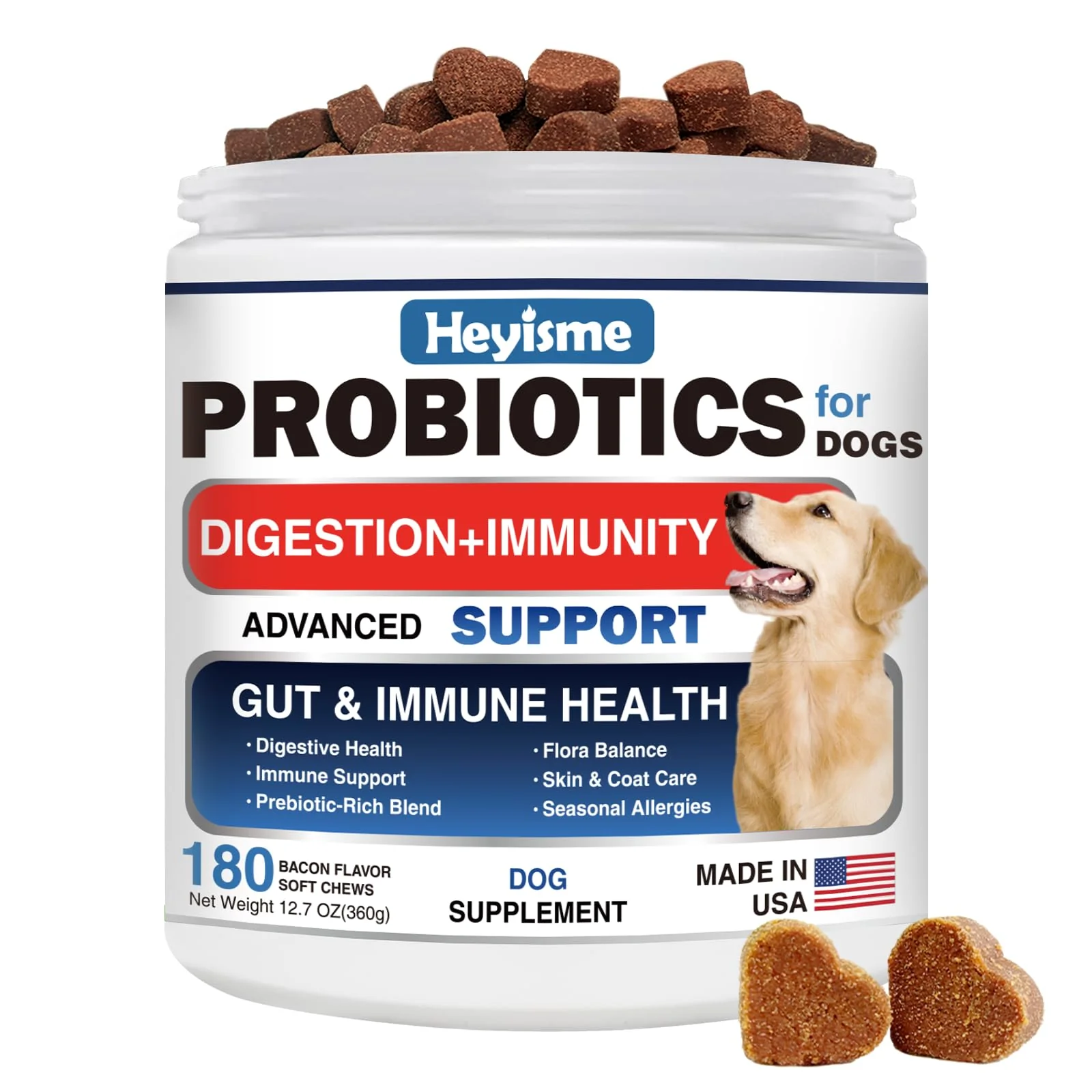 Organic HEYISME Probiotics for Dogs — Bacon Flavor Soft Chews for Gut Health Immune Support Skin Comfort 180 Chews Proven