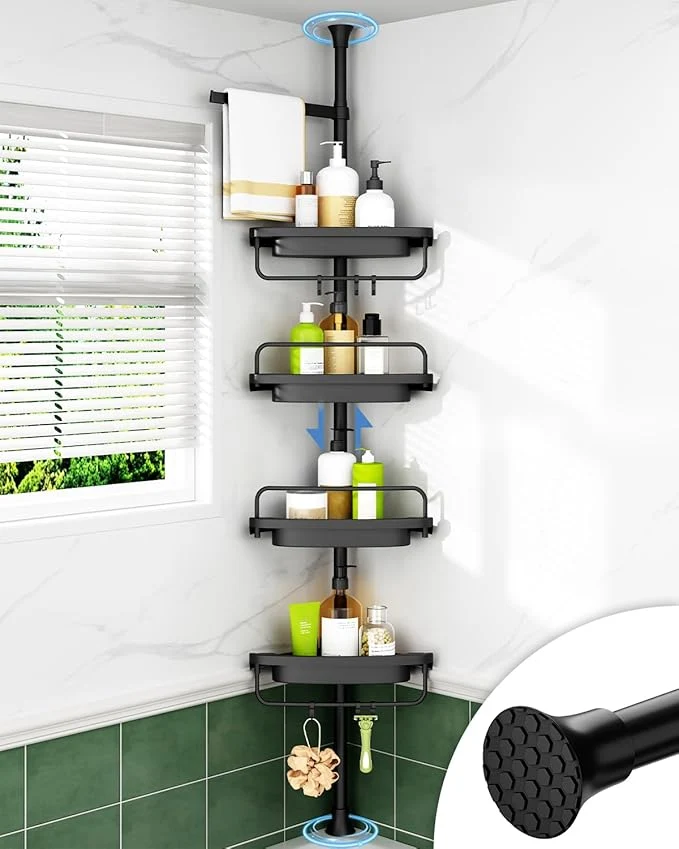 Sophisticated ALLZONE Corner Shower Caddy Tension Pole Extendable Rustproof Stainless Steel Pole 4-Tier Adjustable Shelves for Easy Drainage and Built-to-Last Stability 34 to 116 Inch BlackAbout ThisOverview Sustainable