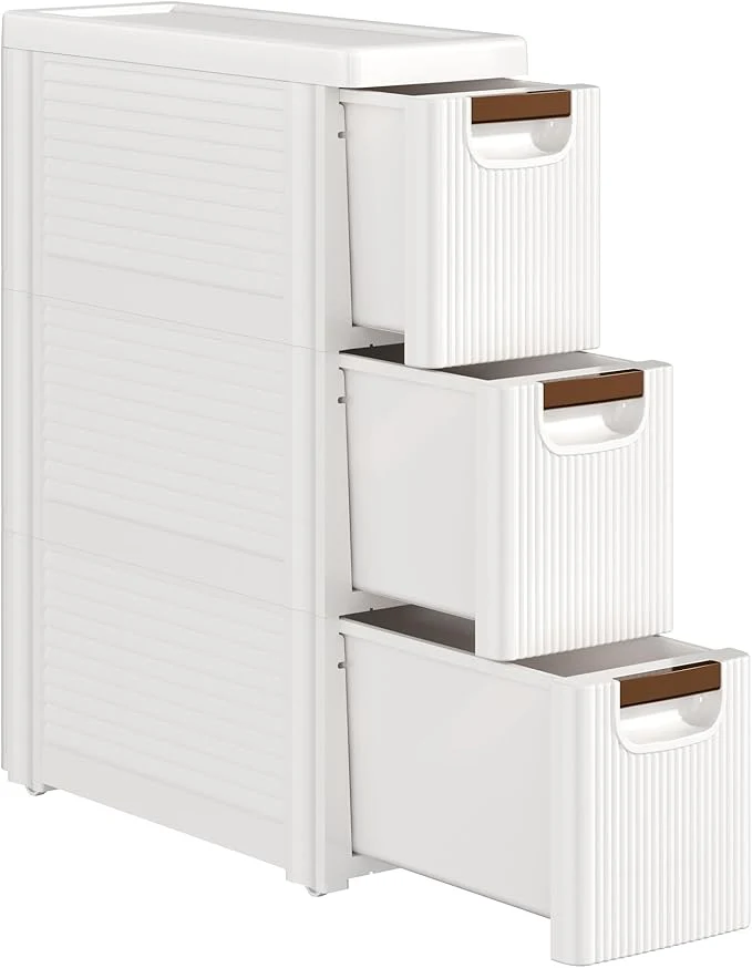 Secure VECELO 3-Drawer Narrow Bathroom Storage Cabinet Mobile Plastic Slim Rolling Organizer Cart with Built-in 4 Wheels for Living Room Kitchen Bathroom Bedroom Office White 16.5 x 7.5 x 22.2 About ThisOverview Official