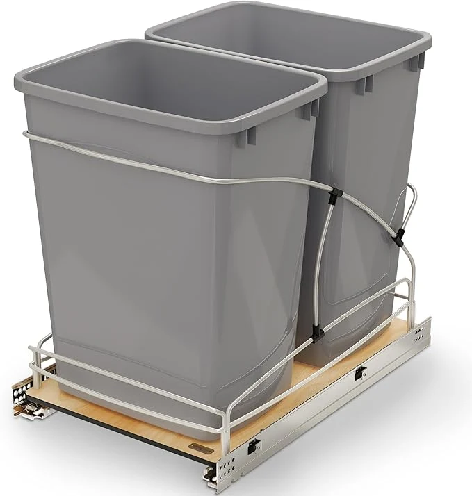 Functional Rev-A-Shelf Steel Bottom Mount Double 35 Quart 8.75 Gallon Waste Bin Trash Container for Under Kitchen Cabinet with Soft Close Gray 54WC-1835SC-17-1About ThisOverview Versatile