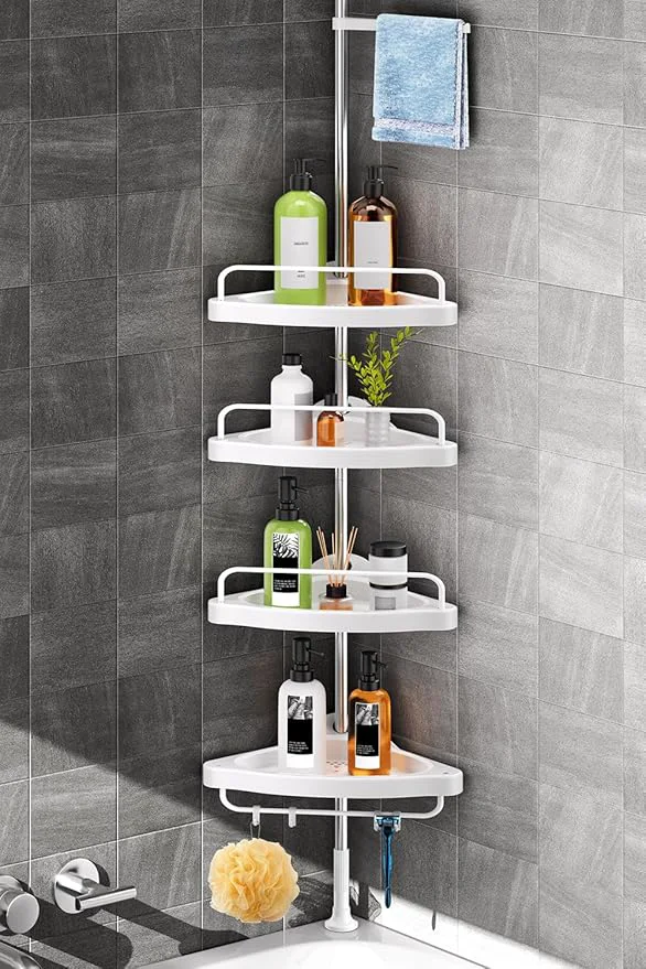 Expertly Made HAMITOR Corner Shower Caddy Tension Pole Adjustable Stainless Steel Shower Organizer with 4 Tier Shelf for Bathroom Bathtub Tub Shampoo - Floor Standing Rack Bath Storage Holder with Rust Proof RodsAbout ThisOverview High-Grade
