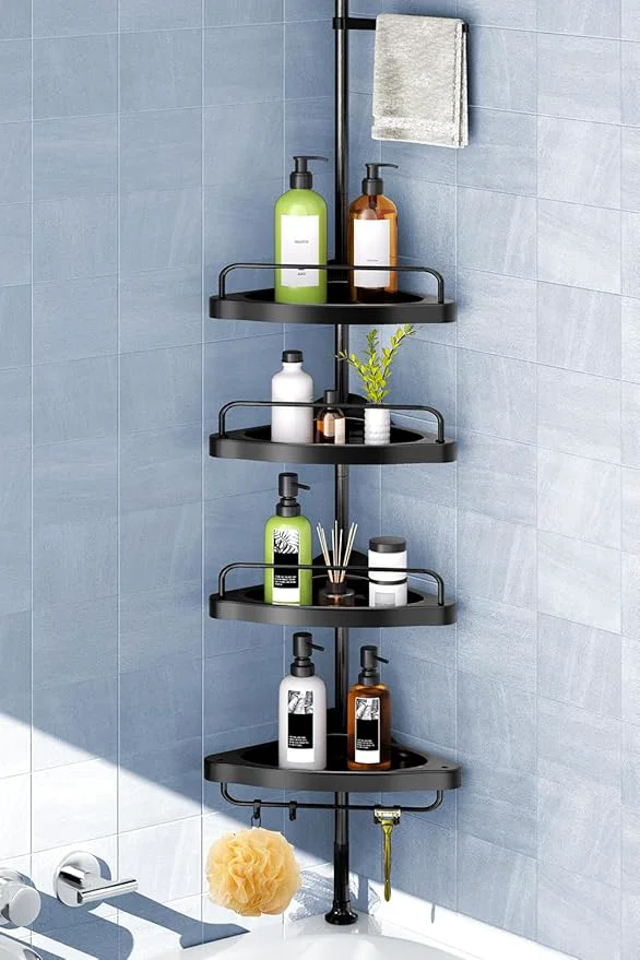 Comfortable HAMITOR Corner Shower Caddy Tension Pole Adjustable Stainless Steel Shower Organizer 4 Tier Shelf for Bathroom Bathtub Shampoo - Floor Standing Rack Bath Storage Holder with Rust Proof Rods - BlackAbout ThisOverview Eco-Friendly