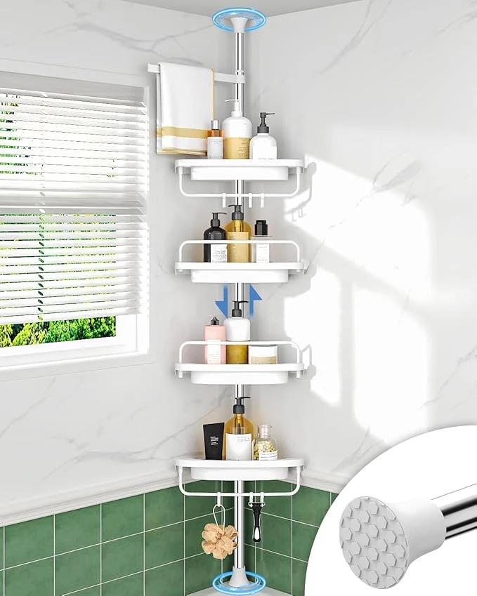Eco-Friendly ALLZONE Rustproof Shower Caddy Corner for Bathroom Tension Corner Shower Caddy Tension Pole Solid Shower Organizer with 4 Adjustable Shower Shelves Shower Rack Fit Heights 34 to 116 Inches WhiteAbout ThisOverview Environmentally Friendly