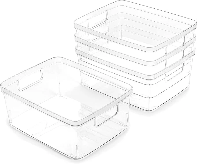 Classic BINO Plastic Storage Containers Small - 4 Pack THE LUCID COLLECTION Multi-Use Organizer Bins Built-In Handles BPA- Clear Fridge Pantry Home OrganizationAbout ThisOverview High-End