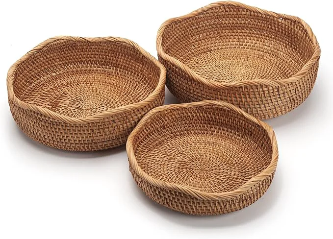 Recyclable Rattan Bread Baskets Round Woven Fruit Bowls Key Holders Stackable for Storage Snack Fruit Vegetable Natural Set of 3About ThisOverview Classic
