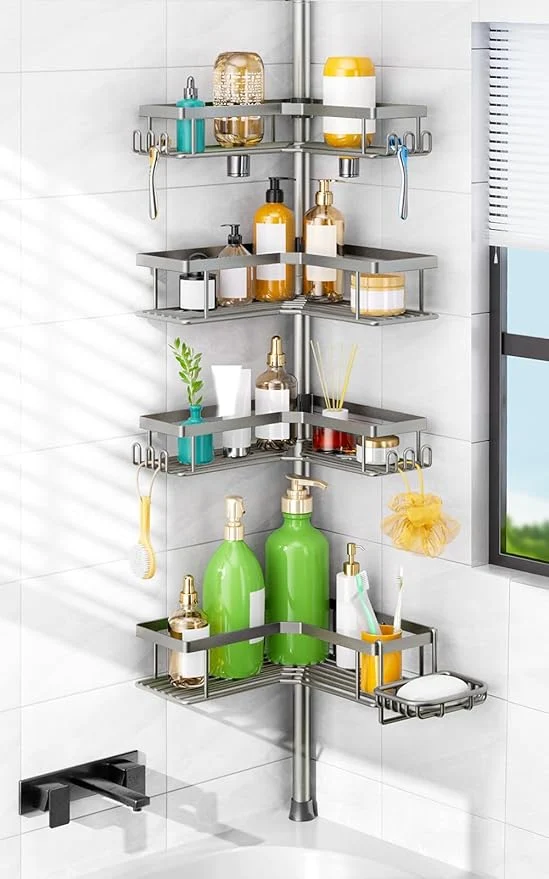 Artisan HAMITOR Shower Caddy Tension Pole 4-Tier Corner Rustproof Bathroom Organizer with Soap Holder - No-Drill Adjustable Shower Shelf for Renters - Small Space Storage Rack for Apartment - 47-123 InchAbout ThisOverview Authentic