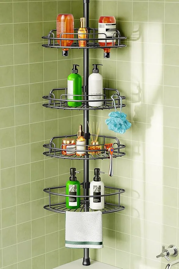Classic HAMITOR Corner Shower Caddy Tension Pole 4-Tier Rust-Resistant Adjustable Bathroom Organizer Shelves - 47-121 Inch No-Drill Quick Installation - Space-Saving Storage for Renters Families - BlackAbout ThisOverview Exceptional
