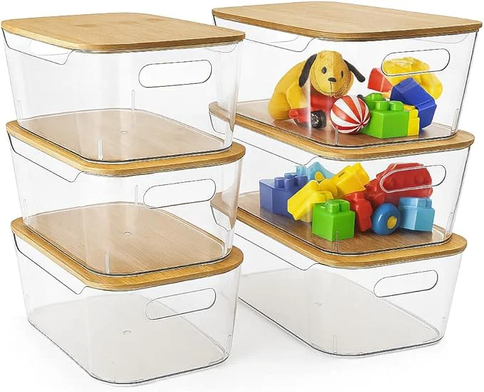 Trendy 6 Pack Clear Storage Bins with Bamboo Lids Stackable Organization and Storage Containers with Handle for Pantry Cabinet Closet Fridge Bathroom Organizer Bins for Home KitchenAbout ThisOverview Official