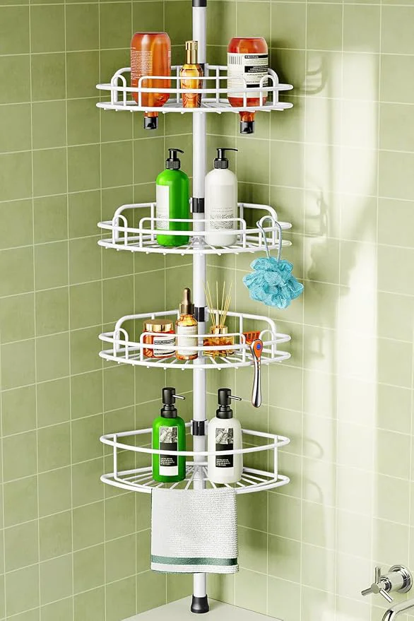 Premium HAMITOR Corner Shower Caddy Tension Pole Rustproof Bathroom Organizer Shelves for Bathtub Shampoo Accessories Storage Holder - 47-121 Inch Adjust - WhiteAbout ThisOverview Original Design