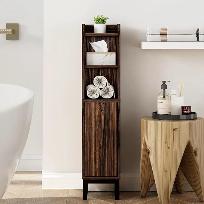 Trendy Small Bathroom Storage Cabinet Corner Floor Cabinet with Door and Shelves Narrow Toilet Paper Cabinet Bathroom Organizer with Adjustable Shelf for Small Spaces Walnut About ThisOverview Classic
