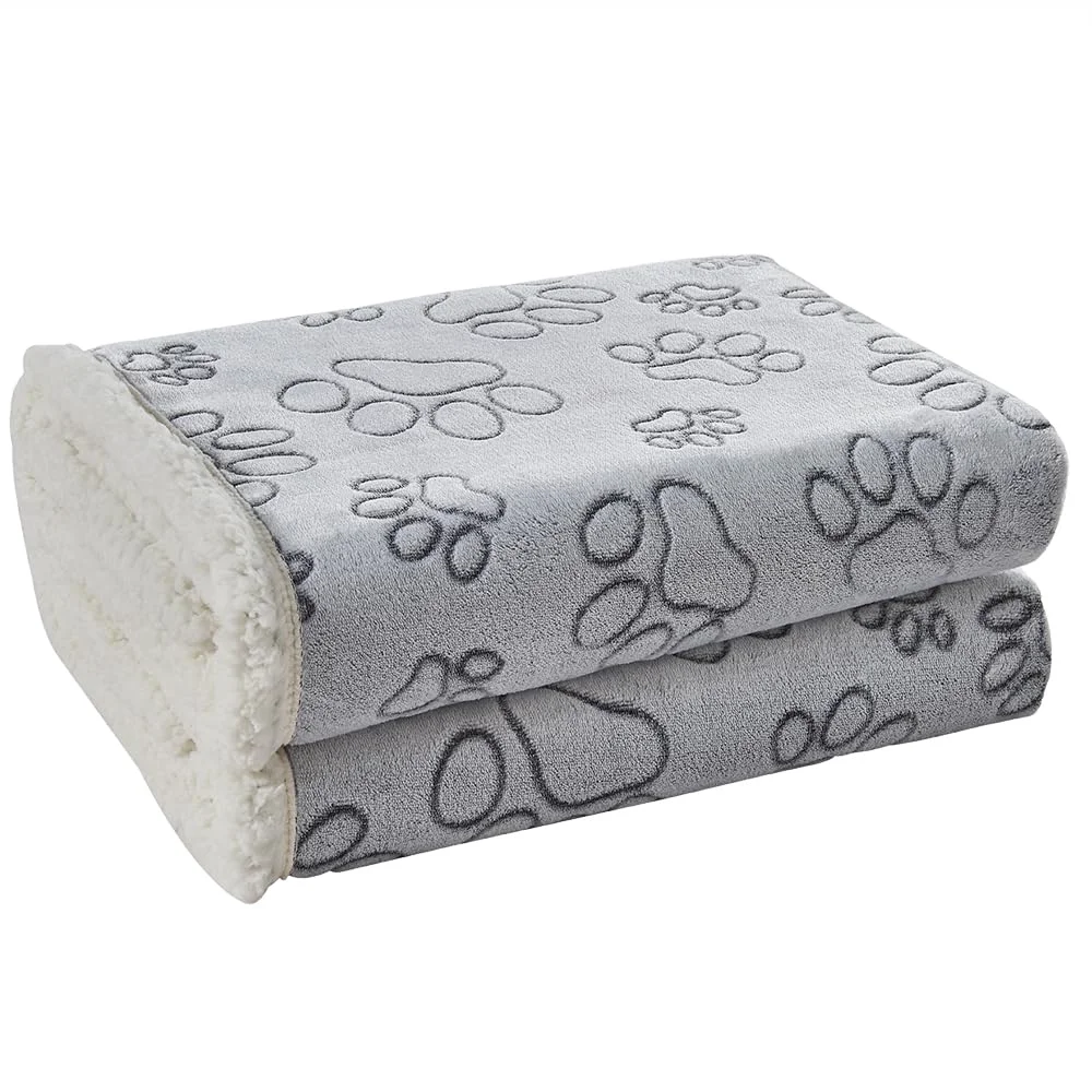 High-End Qeils Waterproof Dog Blanket for Large Dogs – 50x60 Grey Paw Print Reversible Sherpa Fleece Washable Authentic
