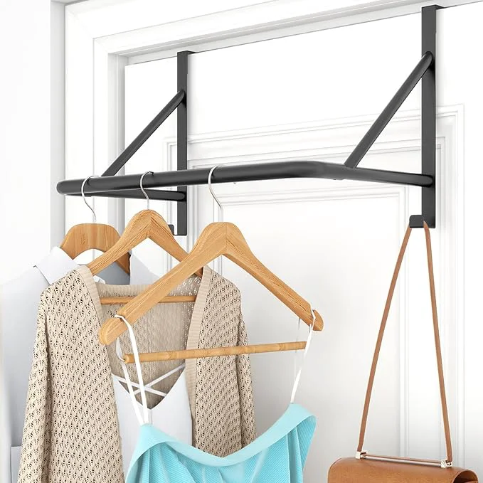 Detailed Over The Door Clothes Hanger Rod Metal Over The Door Hanger for Coat Clothes Drying Rack for Door for Laundry Bedroom Washroom Fits Door Up to 1.97 BlackAbout ThisOverview Reusable