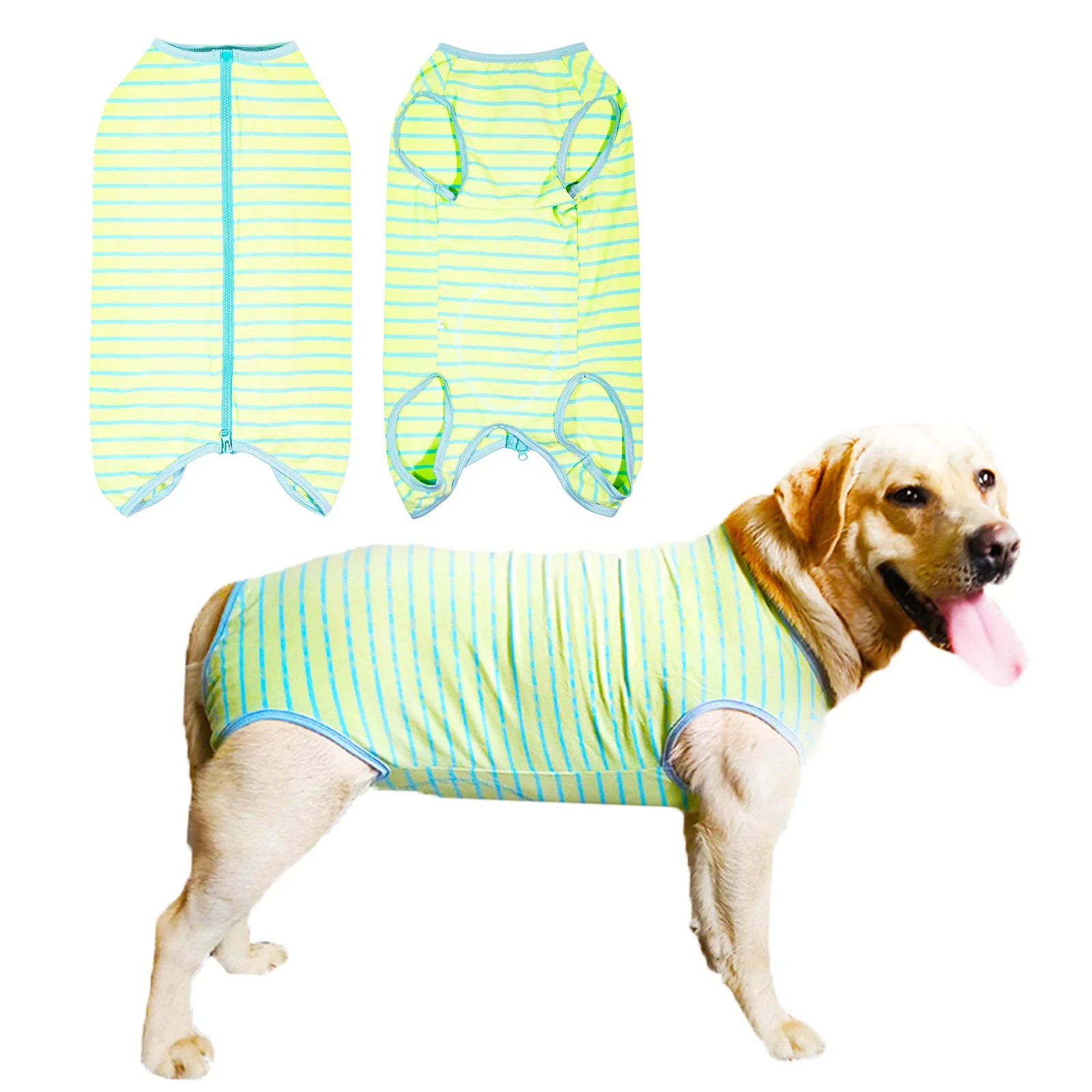 Trendy Kukaster Pet Dog Recovery Suit Post-Surgery — Green Stripe Unisex E-Collar 4XL Proven