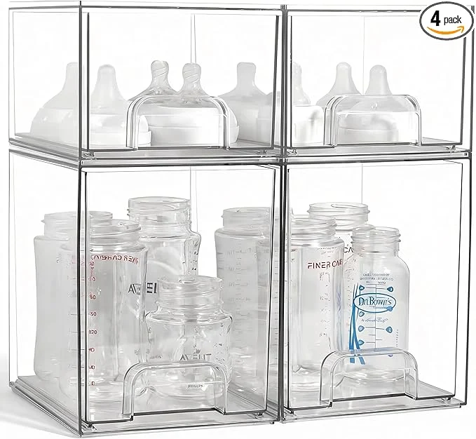Secure Baby Bottle Organizer 4 Pack Clear Space-Saving Stackable Drawer with Handle Baby Bottle Storage Organizer for Countertop and CabinetAbout ThisOverview Exclusive
