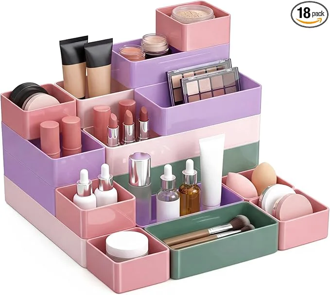 Breathable 18 Pcs Drawer Organizer Stackable 4 Size Makeup Drawer Organizer Trays Acrylic Bathroom Vanity Storage Bins for Cosmetic Jewelries Office Supply Kitchen Utensils Multicolor Glossy About ThisOverview Powerful