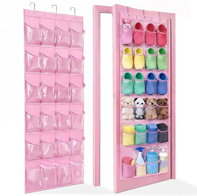 Recyclable Over-the-Door Kids Shoe Organizer Pink Shoe Rack for Door 24 Crystal Clear Pockets Heavy-Duty Hanging Organizer 3 Metal Hooks for Toddler ShoesAbout ThisOverview Fine Crafted