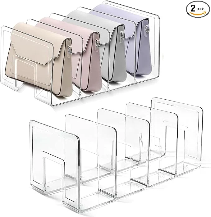 Comfortable 2 Pcs Acrylic Clear Purse Storage Organizers 4 Sections Dividers in Bedroom Office bright About ThisOverview Versatile