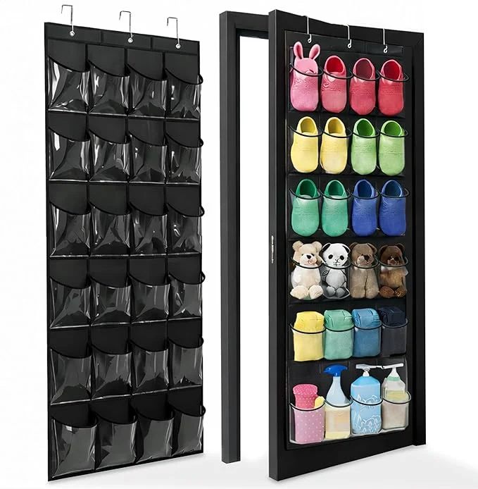 World-Class Over The Door Shoe Organizer - Space Saving Shoe Rack for Closet Door with 24 Crystal Clear Pockets and Metal Hooks Shoe Holder Back of Door Organizers for Shoes Hanging Shoe Organizer Black About ThisOverview Detailed