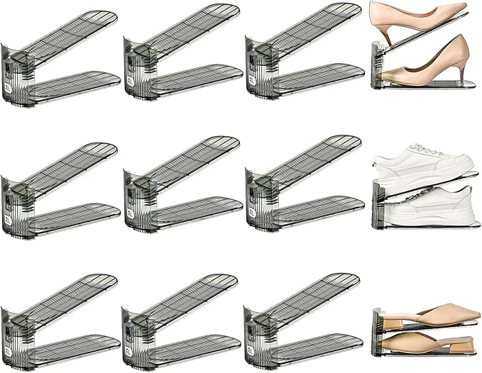 Traditional Shoe Slots Organizer Clear Shoe Stacker Adjustable Level Shoe Rack Storage Space Saver for Sneakers Display Grey Transparent 12Pack About ThisOverview Dependable