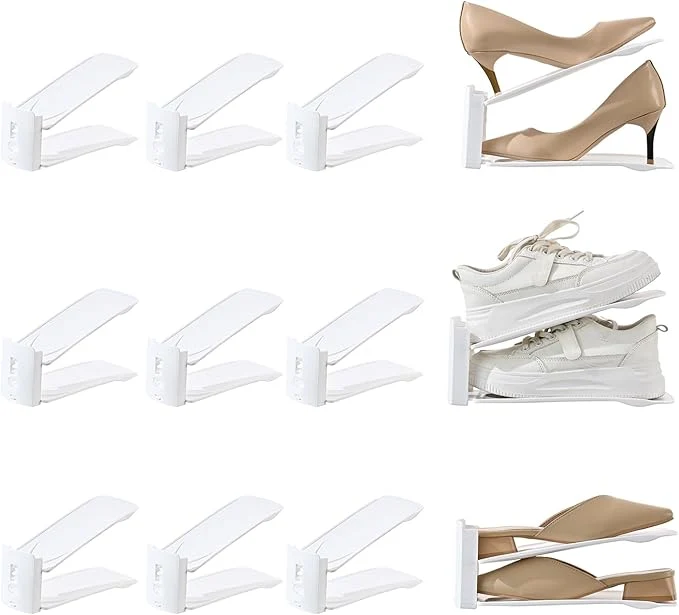 Traditional 12 Pack Shoe Slots Organizer Adjustable Level Shoe Stacker Holder Storage Space Saving Sneakers Display Tray Rack for Closet White 12Pack About ThisOverview Reusable