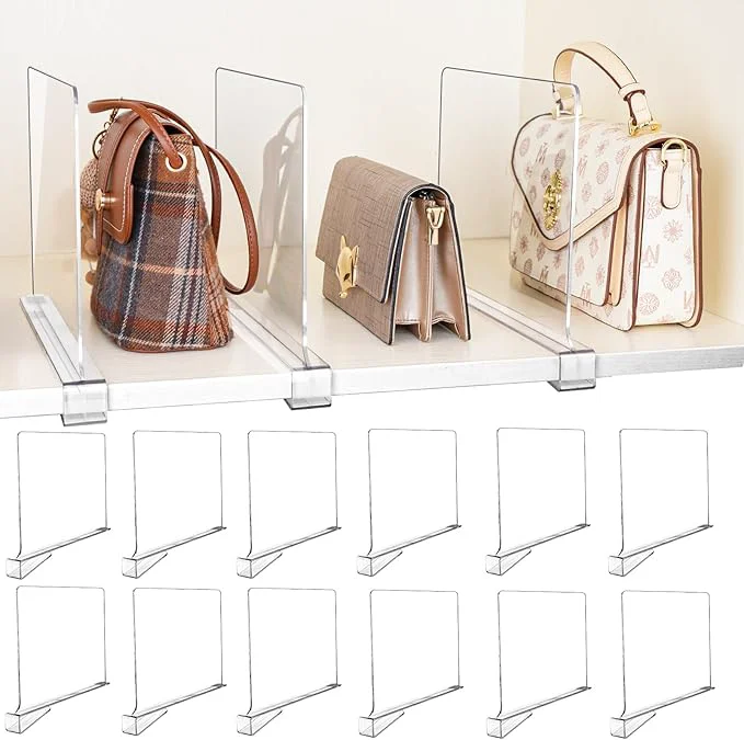 User-Friendly 12 Pack Shelf Dividers Adjustable Shelf Dividers for Closet Organization with Non-Slip Design Clear Acrylic Shelf Dividers for Clothes Handbags Purses Towels Bookshelf in Home OrganizationAbout This Organic