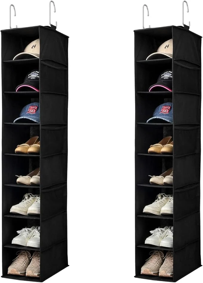 Casual Hanging Shoe Organizer for Closet with Side Mesh Pockets，Hat Racks for Baseball Caps，Shoe and Hat Holder Storage，8-Shelf，Black，2 PackAbout ThisOverview Exceptional