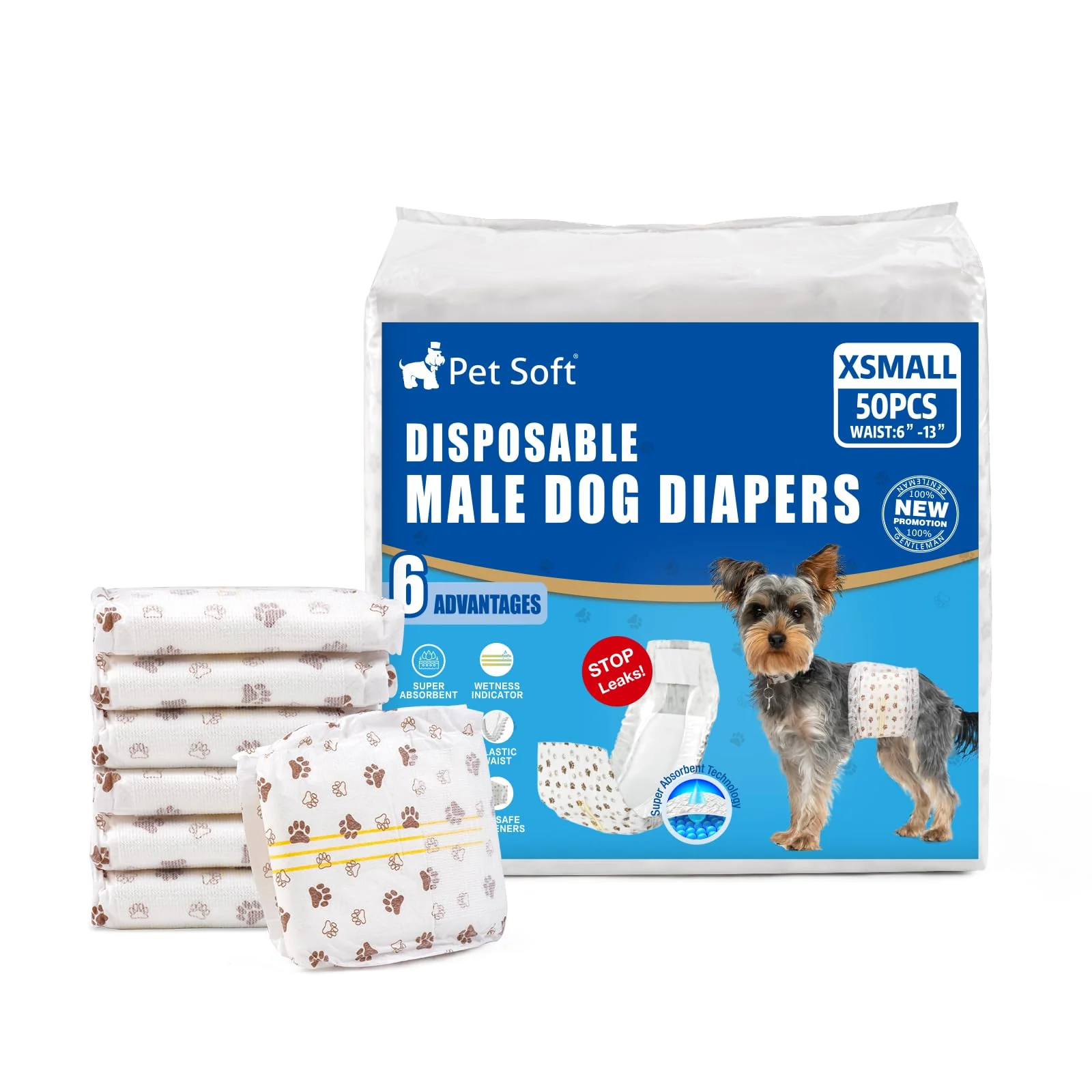 Premium Material Pet Soft Dog Diapers Male XSmall – Wetness Indicator Ultra-Absorbent 50 Count Selected