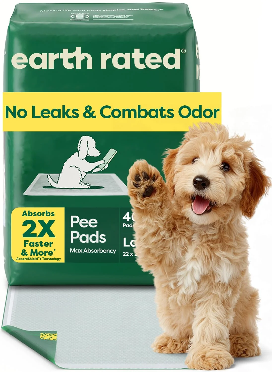 Crafted Earth Rated Max Absorbency Puppy Pee Pads – 2x Faster Absorption Leak-Proof Unscented 40 Count 22 x 23 Easy-to-Use