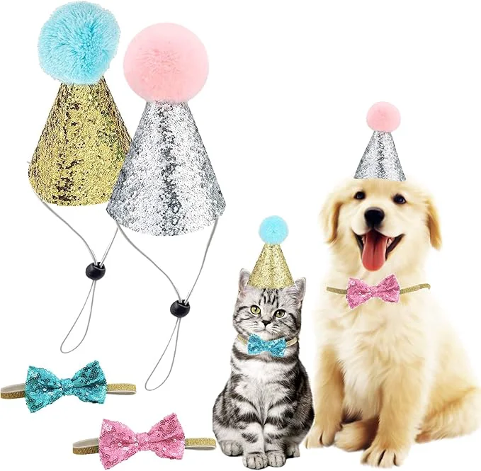 Exclusive 4 Pcs Cat Birthday Hat Bowtie Small Dog Hat Headband Topper Bowtie Adjustable Traditional