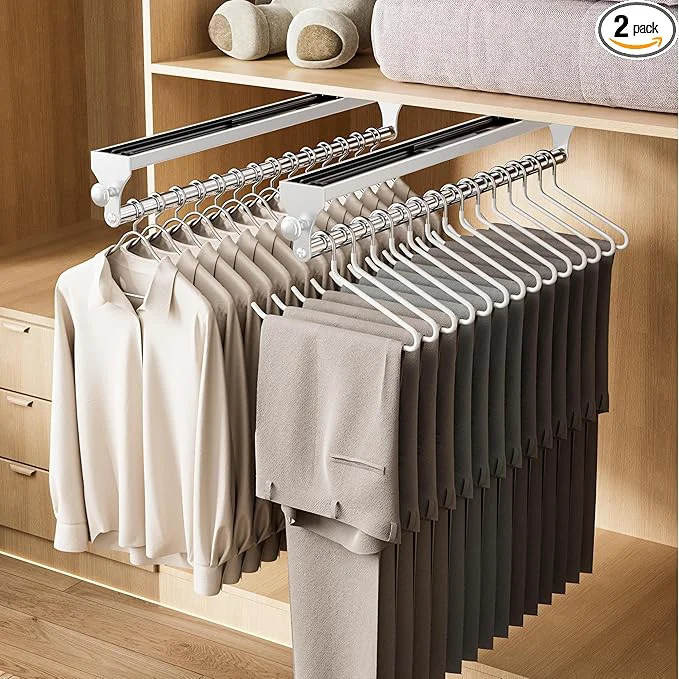 World-Class 2 Pack Pull Out Closet Rod 15.7inch Heavy Duty Pants Rack Adjustable Clothes Hanger Rail Space Aluminum Valet Rod Top Mounted Wardrobe Clothes Organizer Closet Storage for Trousers Coats WhiteAbout ThisOverview Easy-to-Use
