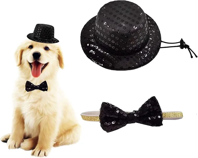 High-Performance Christmas Pet Party Jazz Hat and Blingbling Bow Tie Breakaway Collar Set Breathable