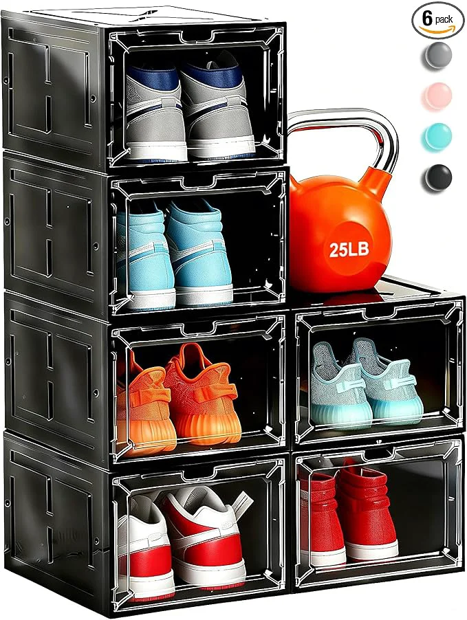 Advanced 6 Pack Stackable Clear Shoe Boxes with Black Frame Large Plastic Shoe Organizer Storage Bins for Sneakers Boots Magnetic Front Door Space Saving Closet Shoe CaseAbout ThisOverview Durable