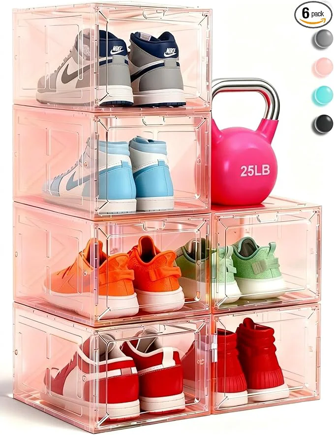 Top-Quality Stackable Clear Pink Shoe Boxes 6 Pack with Magnetic Door Drop Front Sneaker Storage Organizer for Closet Large Transparent Plastic Shoe Storage ContainersAbout ThisOverview User-Friendly