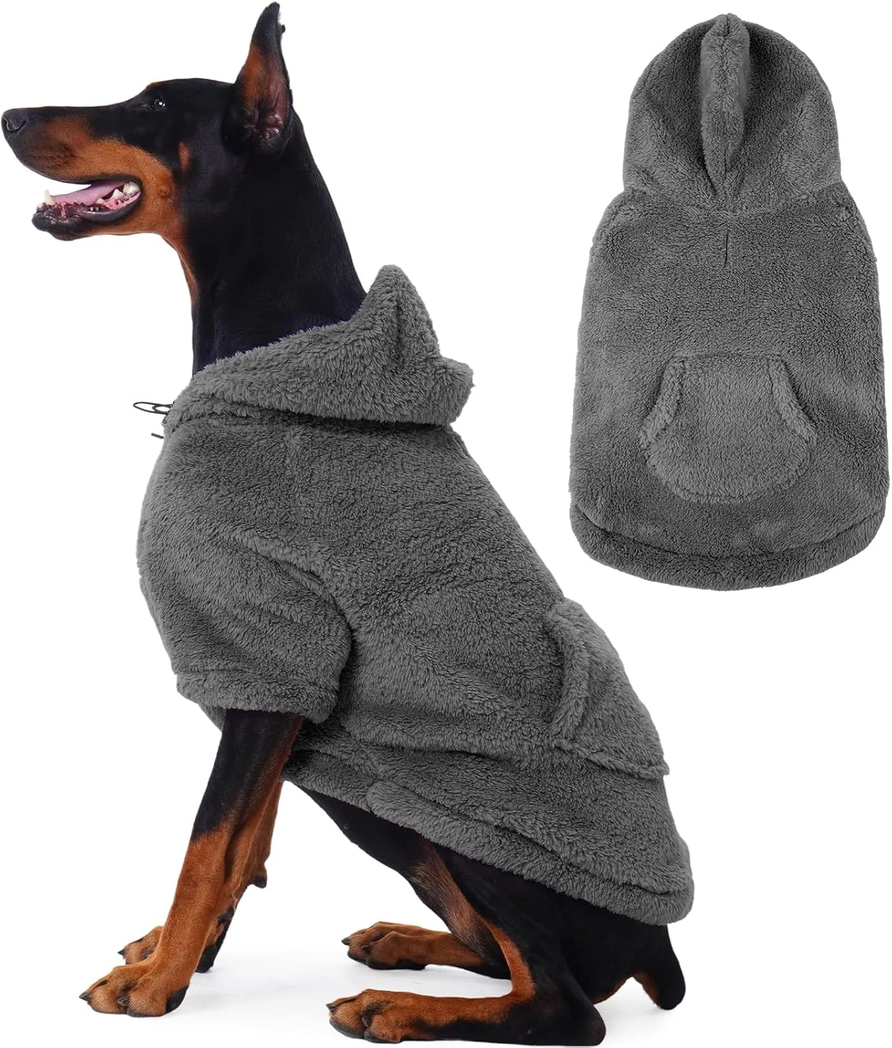 Expertly Made IDOMIK Fuzzy Dog Sweater with Adjustable Hood Warm Fleece Dog Sweater Hoodie with Harness Hole Pocket Pullover Sweaters for Large Dogs Fuzzy Hooded Sweatshirt for Fall Winter Christmas Grey 2XL Convenient
