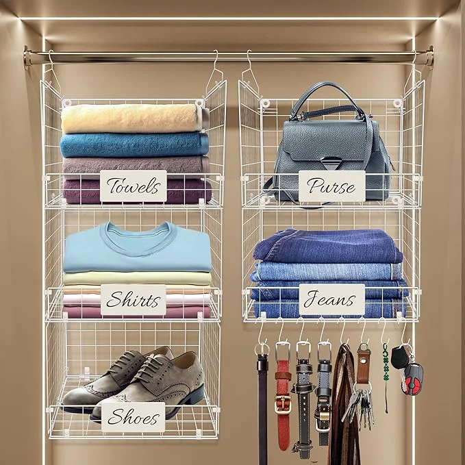 Consistent DECOLURE 5-Tier Adjustable Hanging Closet Organizer – Maximize Hanging Storage w 4 Hanging Hooks 8 S Hooks 5 Name Plates - Sturdy Foldable Wire Storage Hanging Shelves for Clothes Towels White About ThisOverview Superior