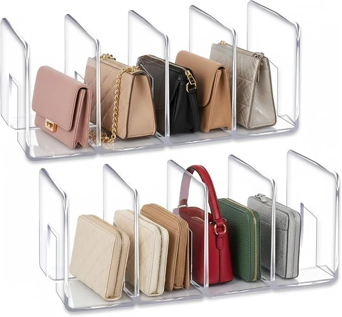 Unique YAGELI Clear Acrylic Purse Organizer for Closet 3-4 Section Desk File Sorter 2.95 Wide Slots for Clutches Handbags Binders Folders Sturdy Stackable Bookshelf OrganizerAbout ThisOverview Proven