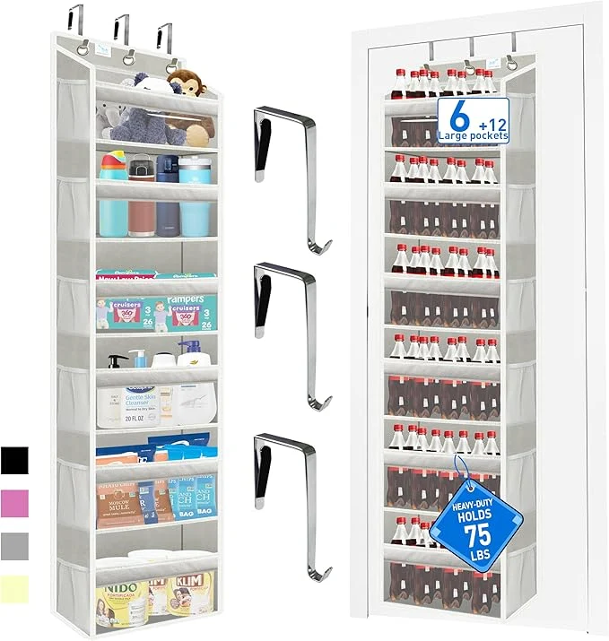 Clean over the door organizer Solid Bamboo Board Not Plastic 6-Tier Heavy Duty 75LB 12 Side Pockets 3 Reinforced Hooks Anti-Slip Pads Waterproof Washable No Sagging No Door Damage GreyAbout ThisOverview Organic