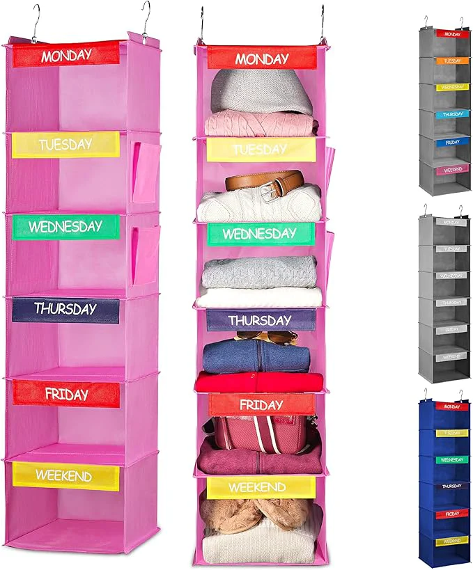 Dependable Handy Laundry Hanging Clothes Organizer for Kids - 6-Shelf Closet Daily Clothing Organization Labeled Shelves with Days of The Week Monday Through Friday Weekday and Weekend Pink About ThisOverview Convenient
