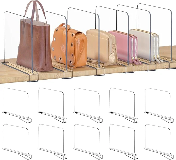 Convenient OKPOW Shelf Dividers for Closet Organization - 8 Tall X 12 Deep Acrylic Clear Sturdy Separators for Clothes Purse - Adjustable Removable Easy to Install Storage for Wood Cabinet Housewife 10 PackAbout This Certified
